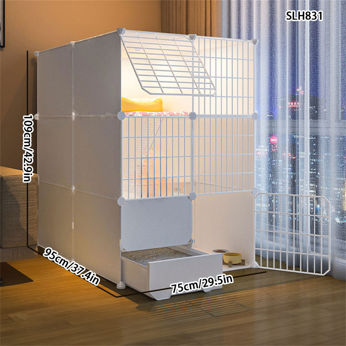 Indoor Multi-Level Cat Enclosure with Built-In Litter Pan - Large Size