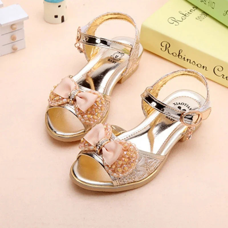 Girls Princess Shoes Summer Children High Heels Open-toe Party Wedding Toddlers Sandals Non-slip Kids Causal Sequins Beach Shoes 250106