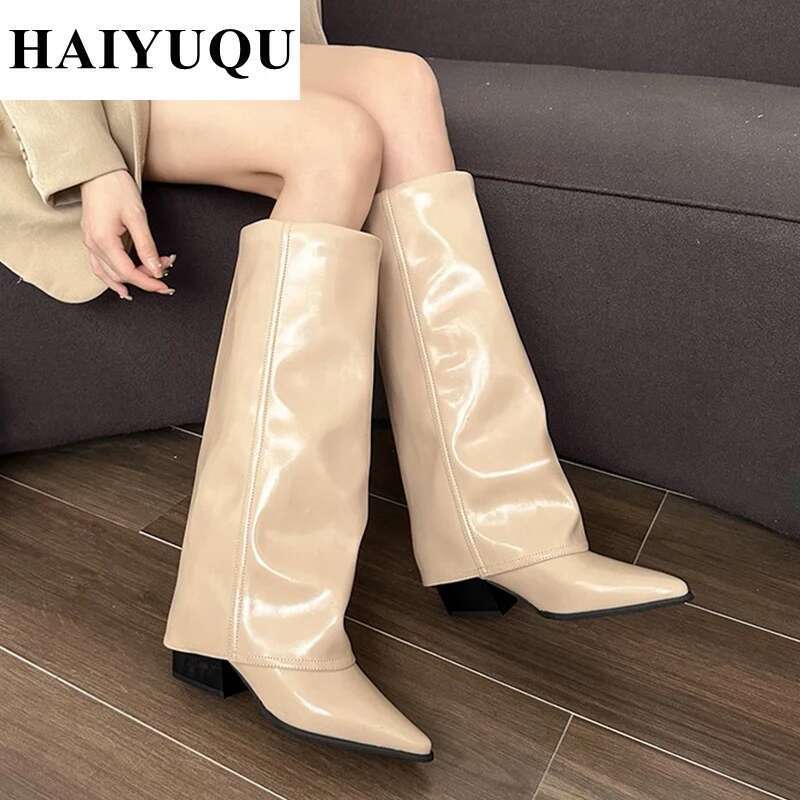 Knee High Heels Women Leather Chunky Fashion Shoes Pointed Toe Snow Long Boots New Designer Pumps Punk Botas Mujer