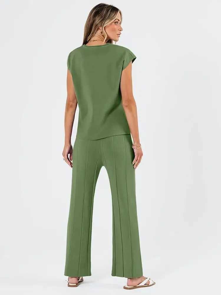 Stylish Womens Sveless Tank Top Knit Vest Wide-leg Pants Ice Silk Suit Summer New Solid Color Casual OutfitXJ250106