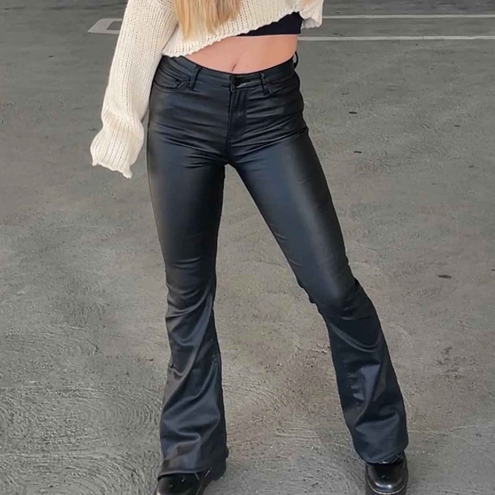 Women Fashion PU Leather Pants Women Flare Long Pants Solid Color High Waist Skinny Push Bell Botom Female Casual Trousers 250106