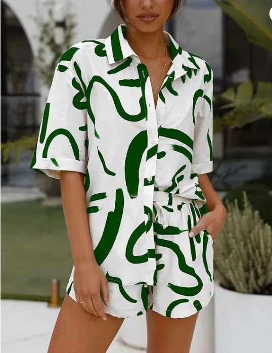 Leisure Beach Holiday Loose Short Shirt Set Bohemian Geometric Printed Womens Two Piece Set 2023 Summer Womens WearXJ250414