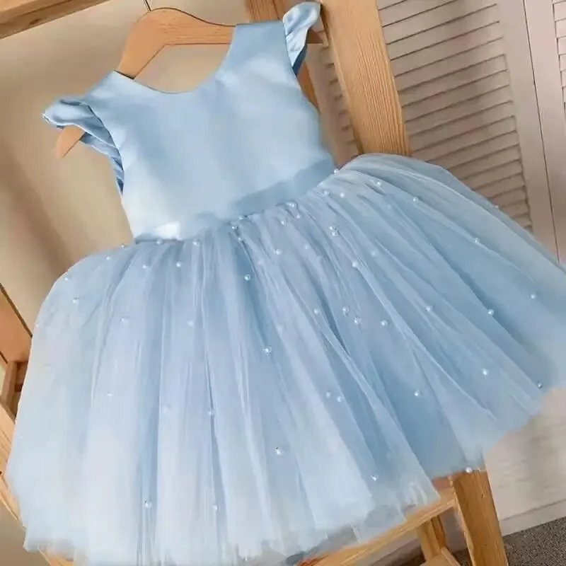 Summer Girls Lace Dresses For Kids 1-5 Year Flower Birthday Tulle Tutu Dress Backless Bow Princess Wedding Gown Kids Party Wear 250107