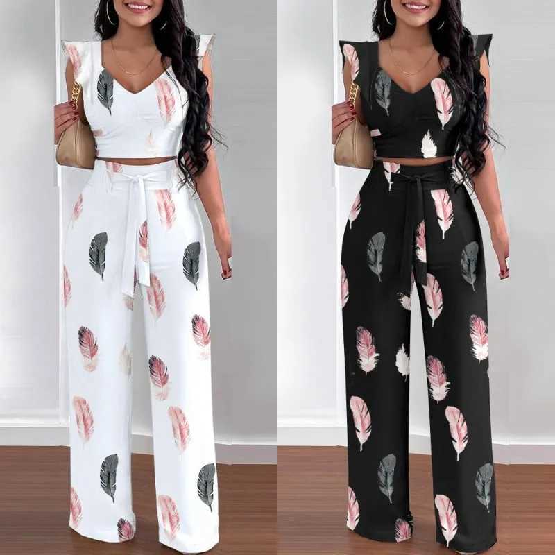 Two Piece Set For Women Summer V-neck Printed Flying Sves Short Top Tie Up High Waisted Pants Fashion Casual Pants SetXJ250106