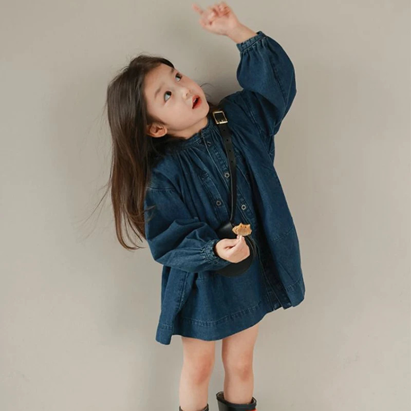 Fall Kawaii Girls Denim Dress Casual O Neck Single Breasted Children Dress Loose Fashion Long Sleeved Toddler Mini Dress 250106