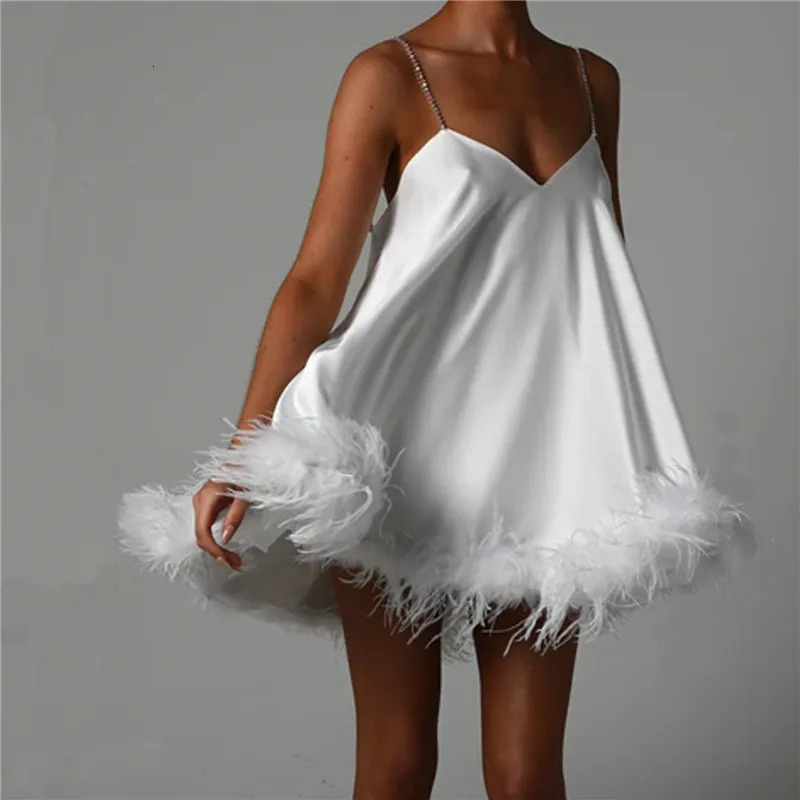 Women Spaghetti Strap Mini Dress with Diamond Straps Fur Trim Bodycon Short Sexy Feather Slip Cocktail Club Party 250103