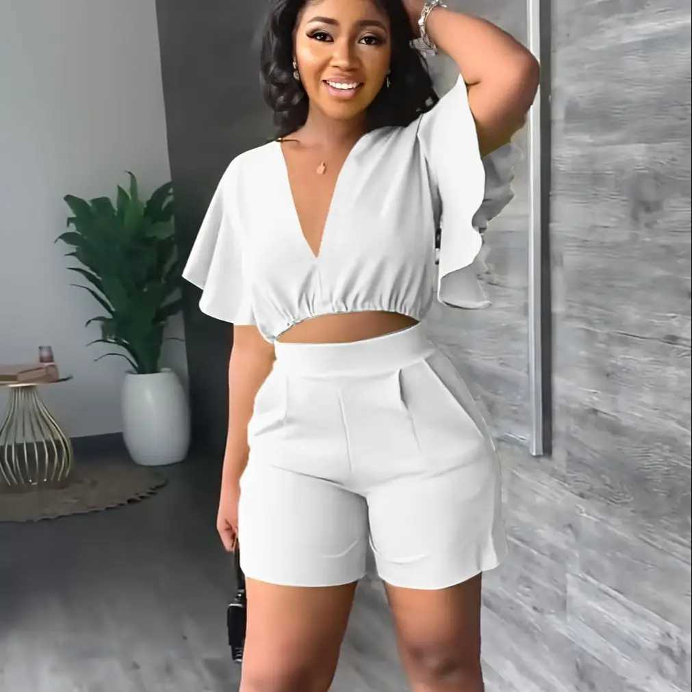 Fashion Two Piece Set Women Sexy V Neck Ruffles Sve Crop Top Pockets Shorts Suit 2023 Summer Street Solid Tracksuit OutfitsXJ250106