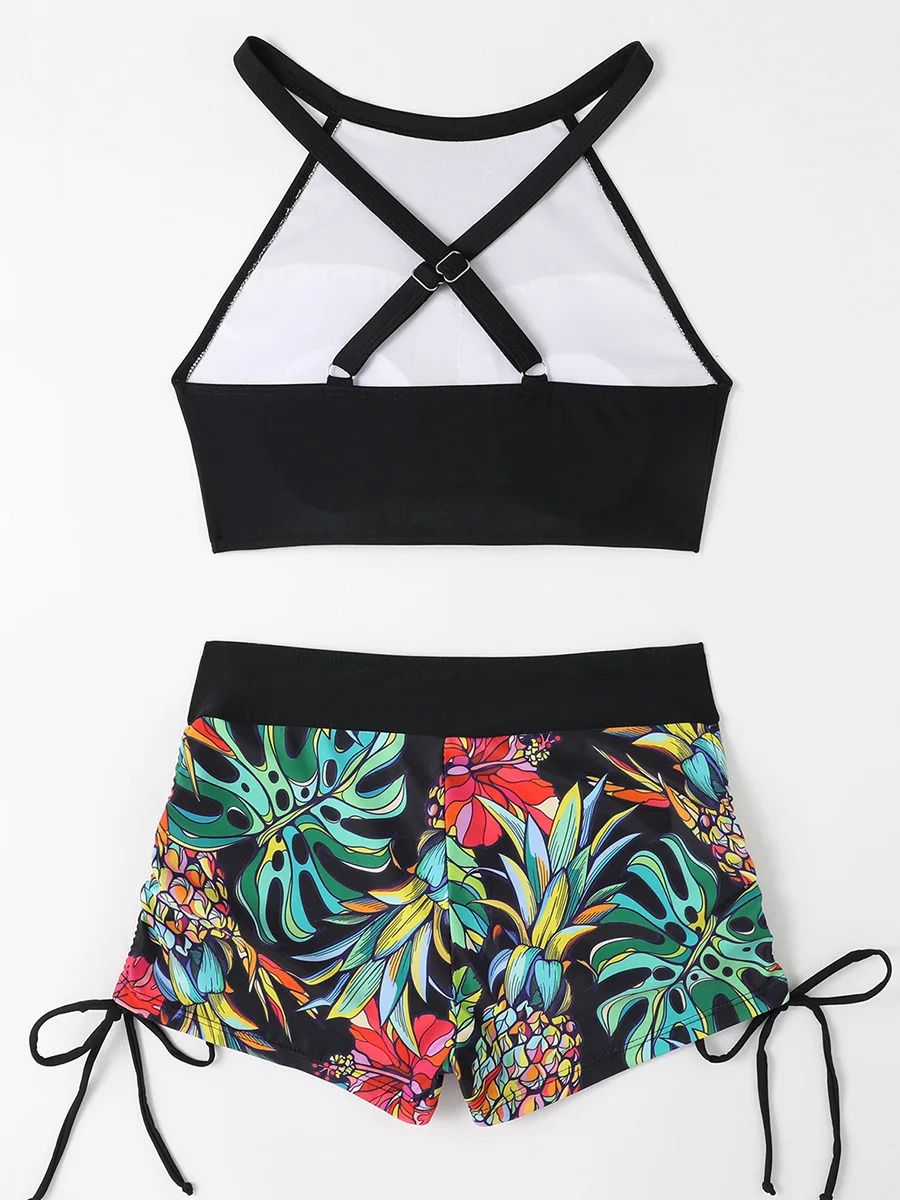 Print High Waist Swimsuit Women High Neck Bikini Drawstring Swimwear Female Bathers Bathing Swimming Swim Suit Beachwear 250106