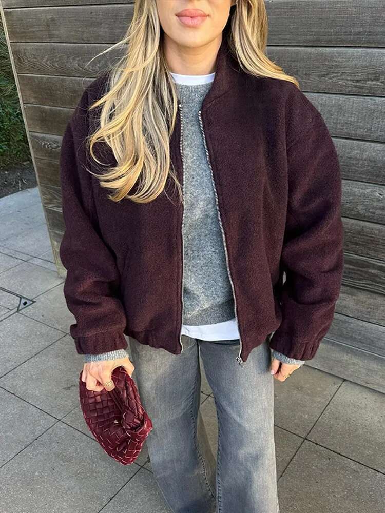 Vintage Zipper Woolen Bomber Jackets Women Loose O Neck Long Sleeve Pocket Lady Coats Early Spring Fashion Female Outwears