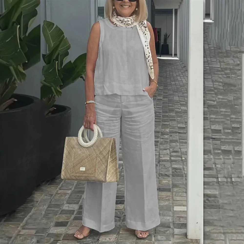 2024 Summer Long Pant Sets Sveless Loose Ele Womens Sets 2 Piece Sets Outfit Two Piece Set For Lady Solid Color T-shirtXJ250106