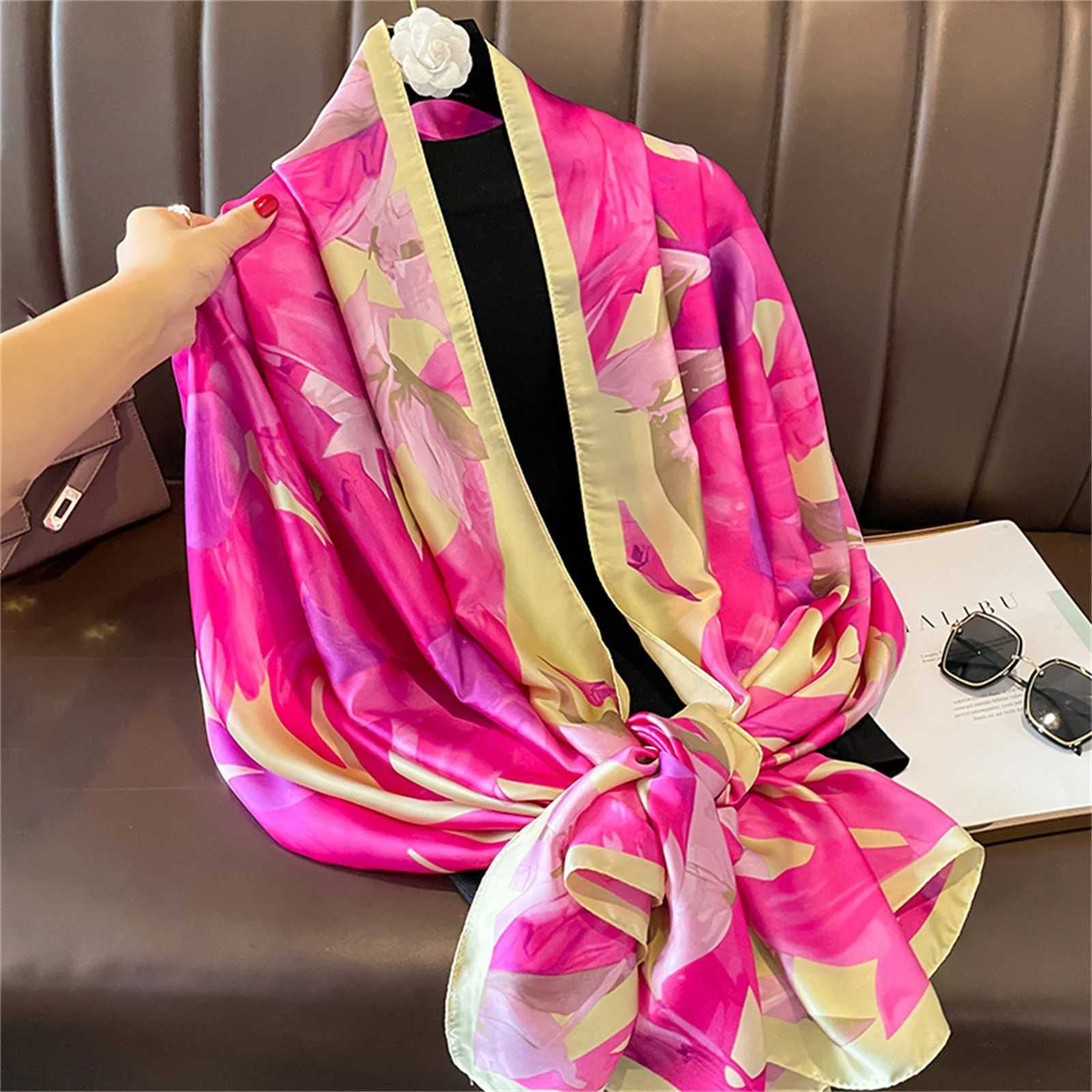Popular 180X90CM Printed Bandannas European and American Silk Scarf Seasonal Satin Beach Towel 2022 Fashion Flower Length Shls W250106
