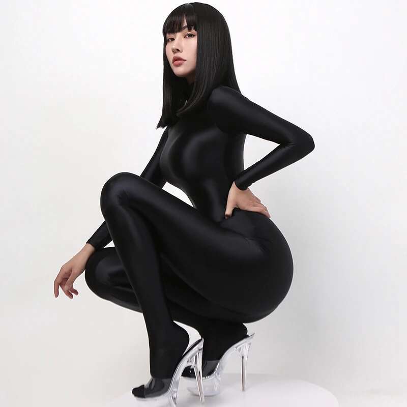 Shiny Satin Sexy Zentai Women Long Sleeve Bodysuit Full Length One-Piece Tights Silky Catsuit Black Jumpsuit Clubwear Streetwear