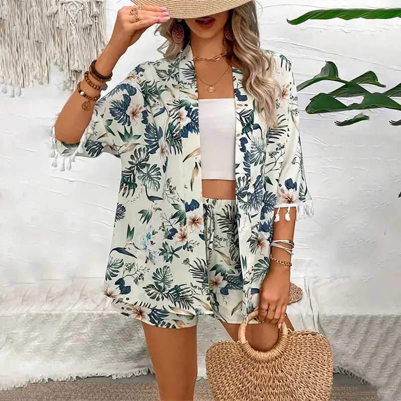 Two Piece Set For Women Outfits Open-front Cardigan Smock Flower Printed Beach Shorts Summer Suits Fe Clothing BeachwearXJ250106