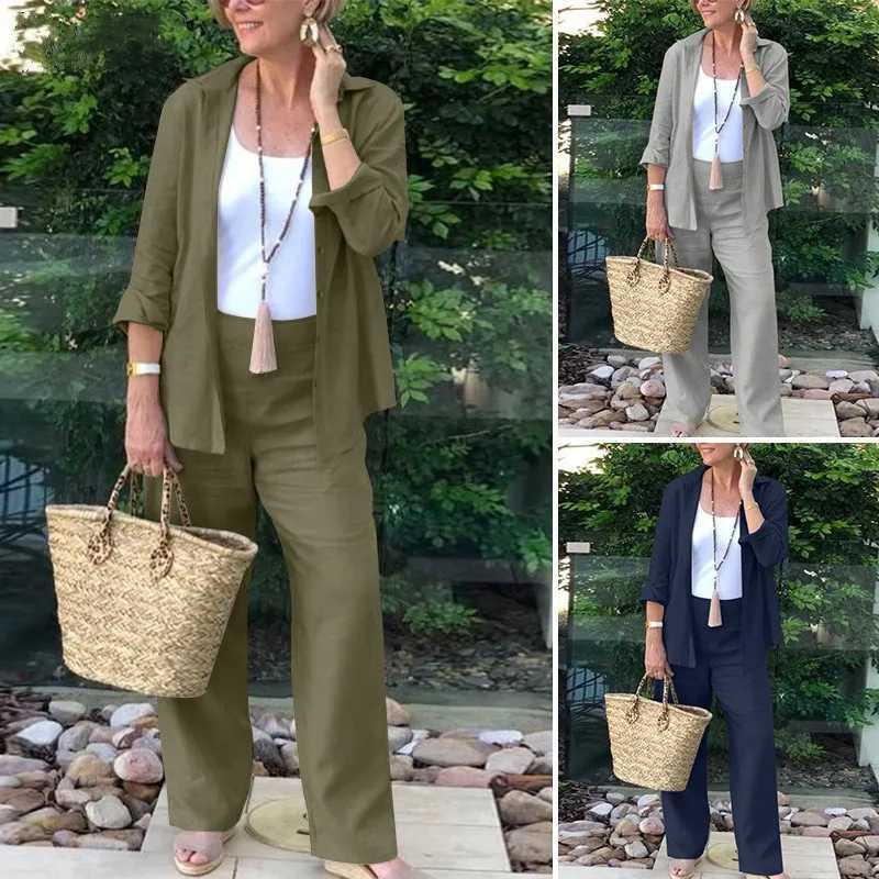 Womens Solid Color Cotton Linen Pants Suit Lapel Pocket Fashion Spring Summer New Shirt Casual Pants 2-piece SetXJ250106