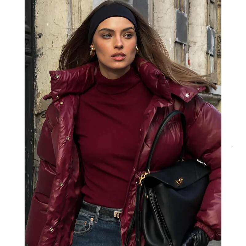 Fashion Bury Wine Red Full Sleeve Woman Cotton Coat Stand Collar Zipper Breasted Parka 2024 Lady Commute Street Outerwears