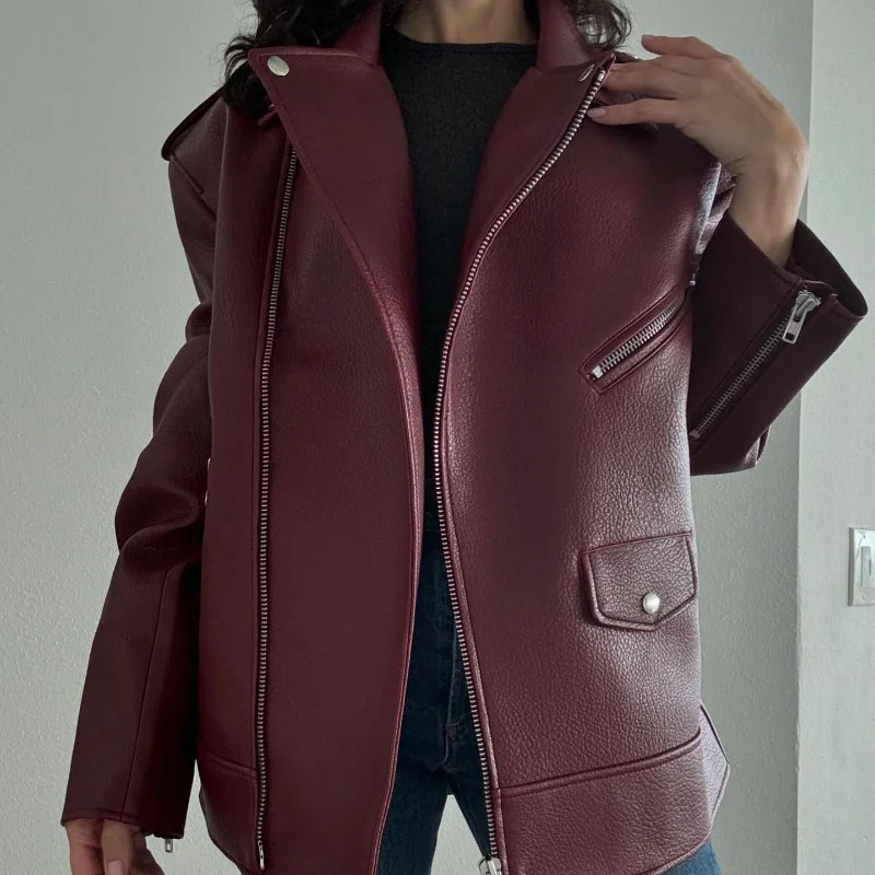 Chic Lapel Collar Leather Zipper Womens Jacket Casual Long Sleeved Vintage Outerwear Autumn Solid Color Female Streetwear 250103