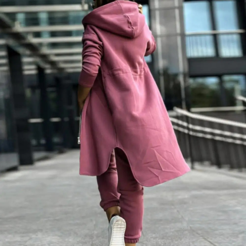 Breathable Women Suit Womens Hooded Coat Pants Set with Irregular Split Hem Long Sleeve Fleece Tracksuit Elastic Waist 250106