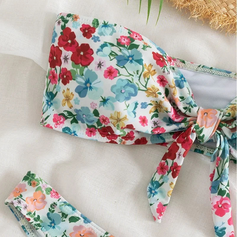 Floral Print Bandeau Bikini Set Off Shoulder Push Up Swimsuit Women Tube Top Bikinis Knot Swimwear Sexy Summer Bathing Suit 250106