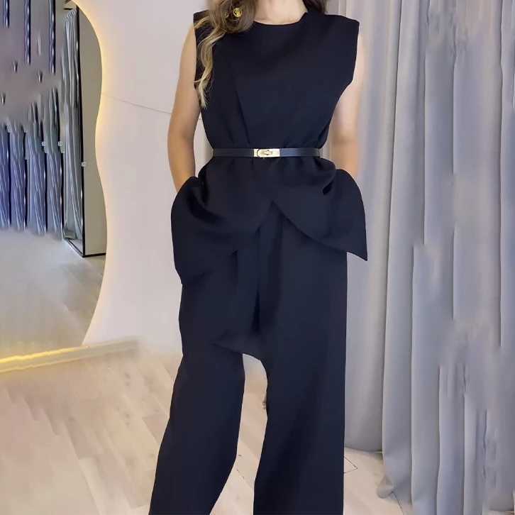 Two Piece Sets Women Pants Set Round Neck Belt Sveless White High Waist Tops Solid Wide Leg Long Pants Slim Fit EleXJ250106