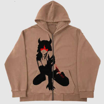 Fashion hoodie spring and autumn solid color anime character print loose long sleeved cardigan zipper