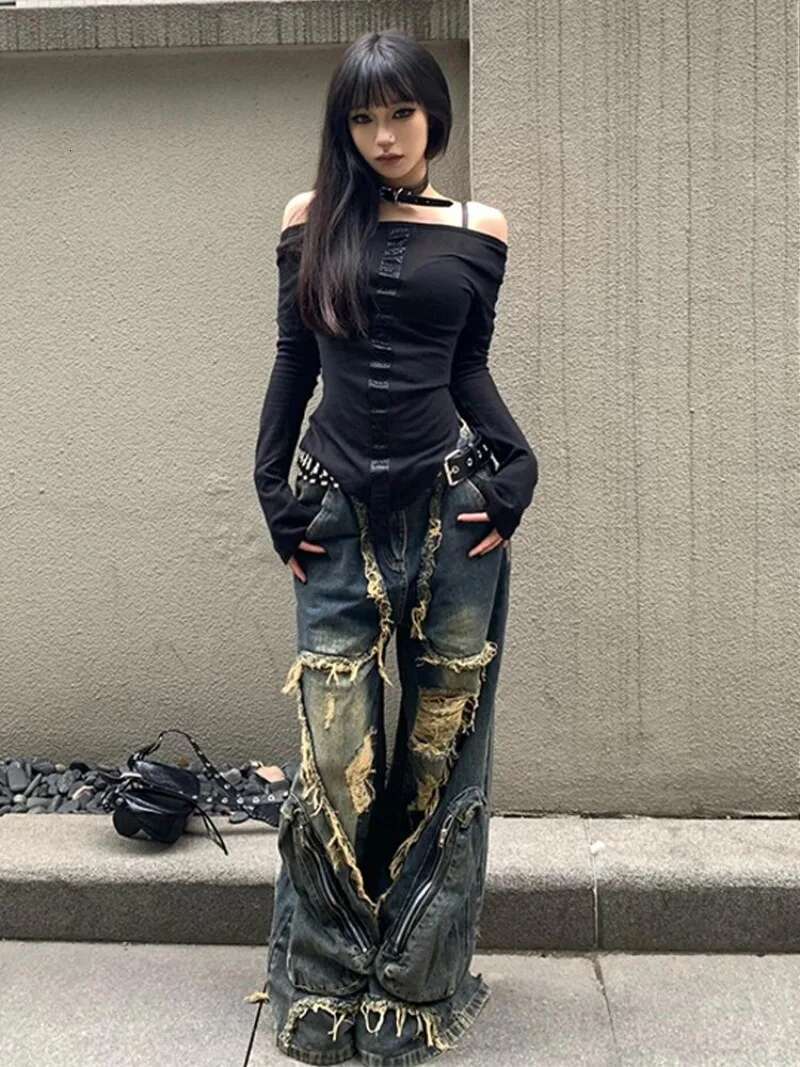 Y2k Ripped Tassel Washed Baggy Woman Retro Street Hip-Hop Loose Old Fashion Casual High Waist Wide Leg Jeans