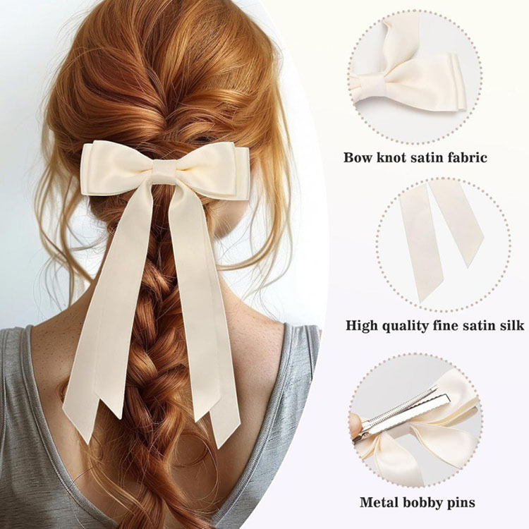 Fashion Girls 4CM Double Bows Hairpins Hairclip Ins Kids Satin Bow Long Ribbon Hair Clip Polyester Cotton Duckbill Clip Princess Barrettes Accessories