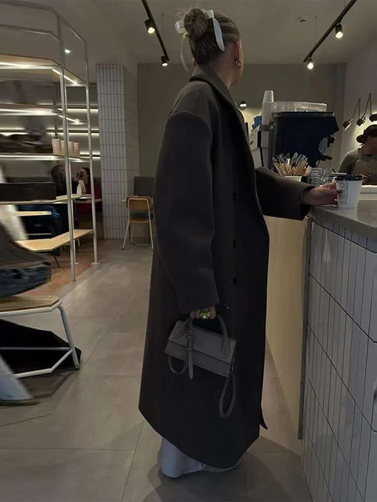 Solid Double-Breasted Women Long Coats Loose Turn-Down Collar Brown Female Maxi Autumn Winter Elegant Lady Street Outwear