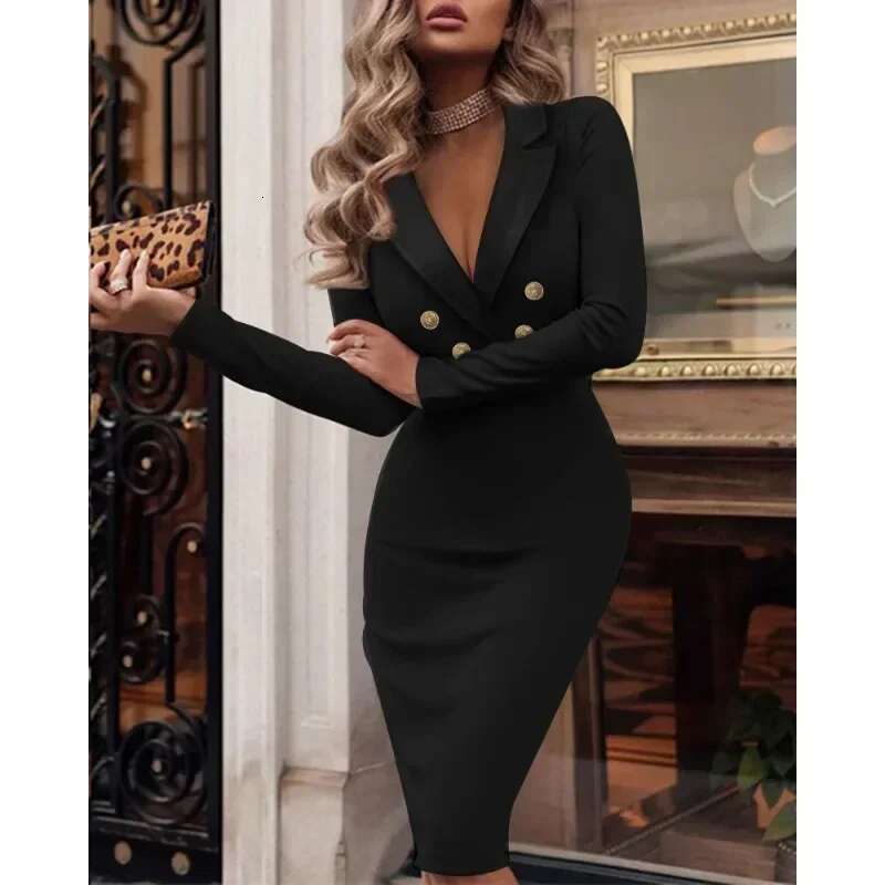 Spring Summer 2024 New Business Suit And Solid V-Neck Double Breasted Women Long Sleeve Slim Fit Elegant Dress