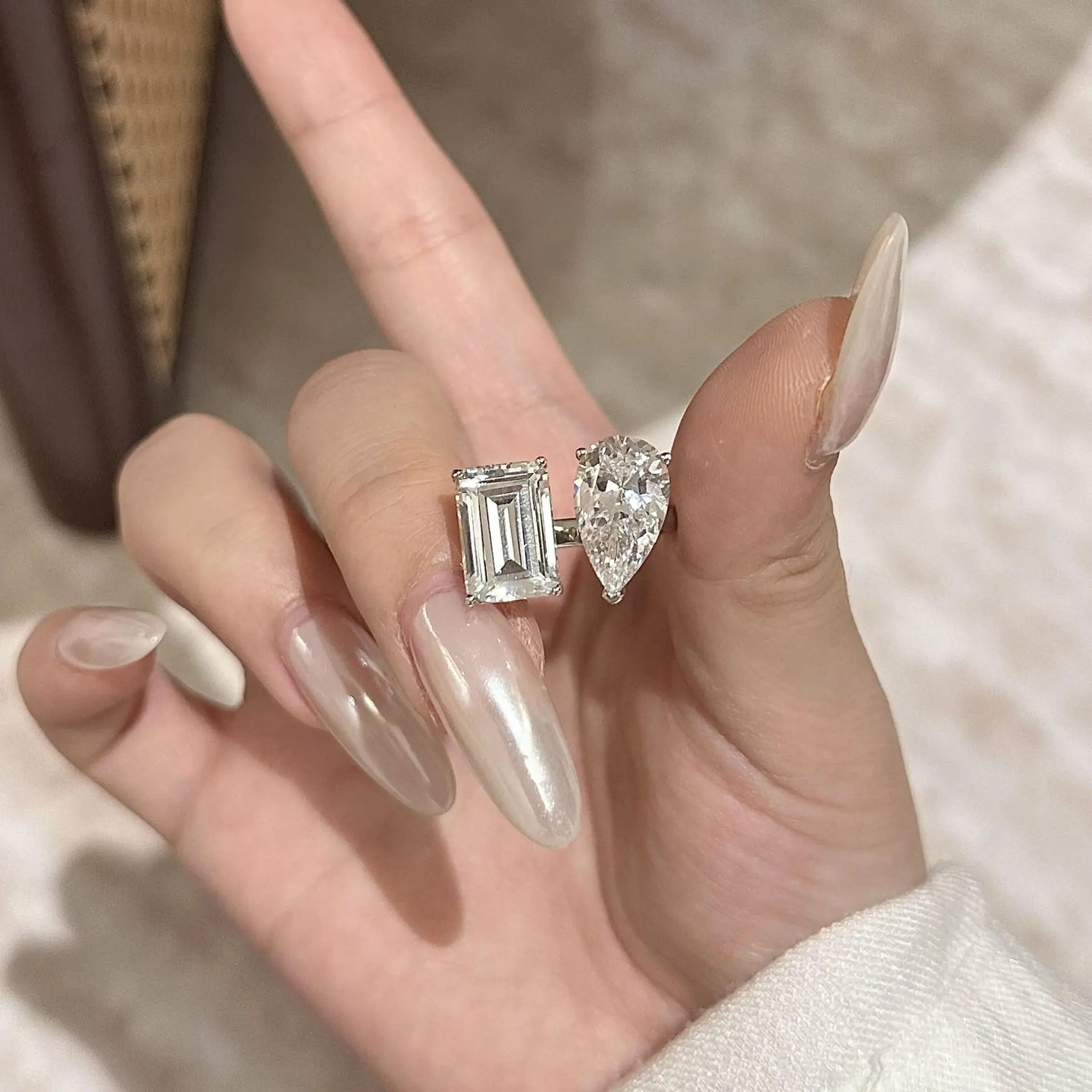 925 Sterling Silver Pink White Pear Cut Heart cut Simulated Diamond Wedding Party Open Rings Fine Jewelry Christmas Gifts 250106