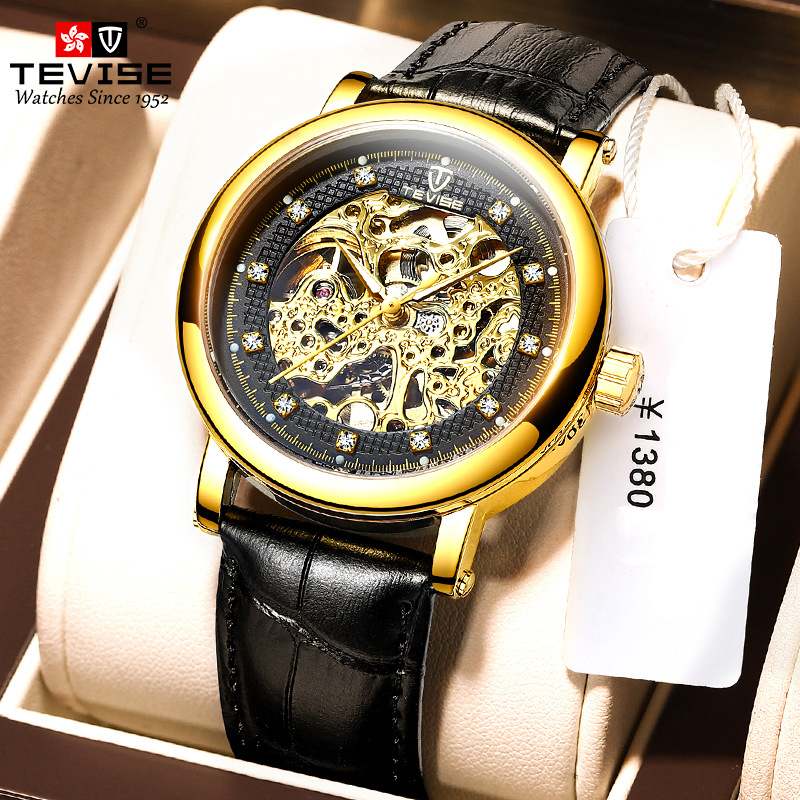 TEVISE Waterproof Business Luminous Men's Mechanical Watch Automatic Mechanical Watch with Leather Strap Wristwatch T032-T8462