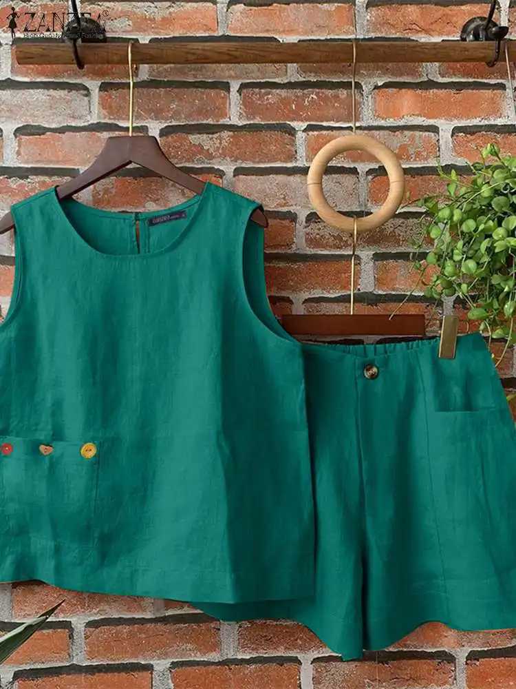 ZANZEA Women Two Piece Sets Casual Sveless Buttons Tank Tops And Pants Shorts Suits Summer 2PCS Holiday Loose Short Pant SetsXJ250106