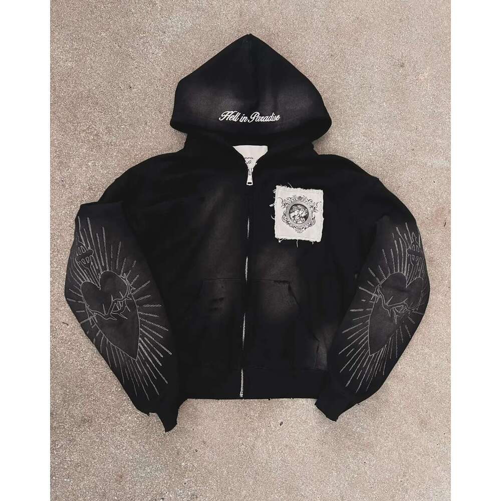 Hell in Paradise Street Retro Gothic Style Zip Up Hoodie Y2k Alphabet Embroidery Patchwork Hoodies Loose Sweatshirt Men Clothing