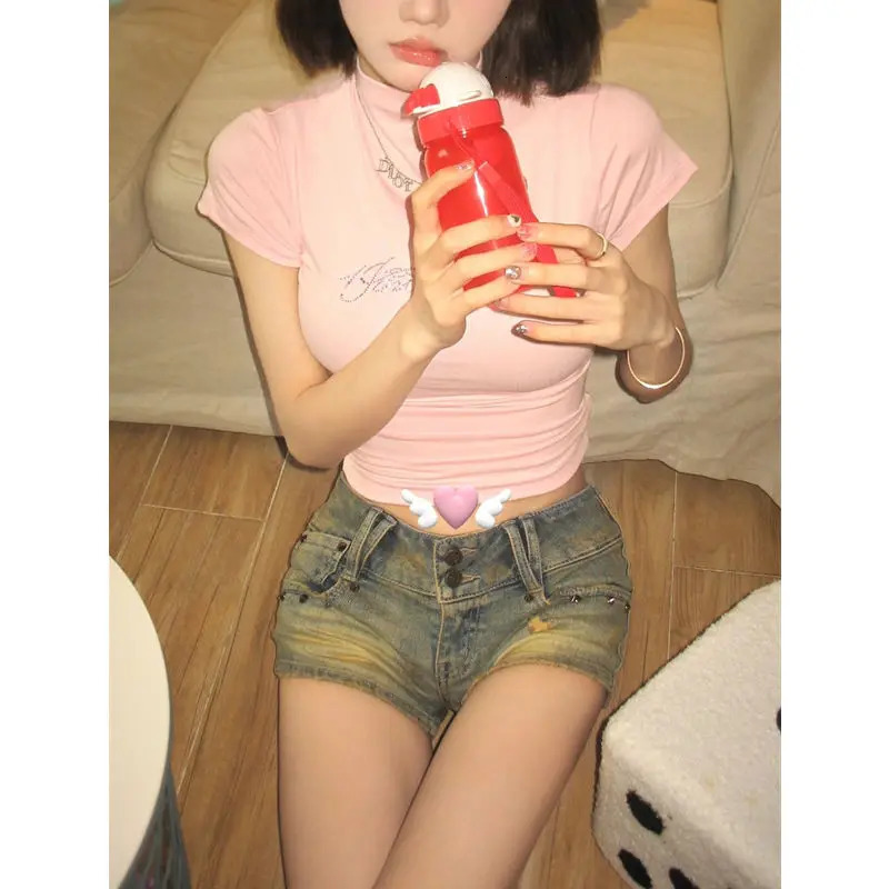 Summer Short Sleeve Womens Clothing Pullover Letter Geometric Round Neck Pullover T-shirt Fashion All-match Rhinestone Tops 250106