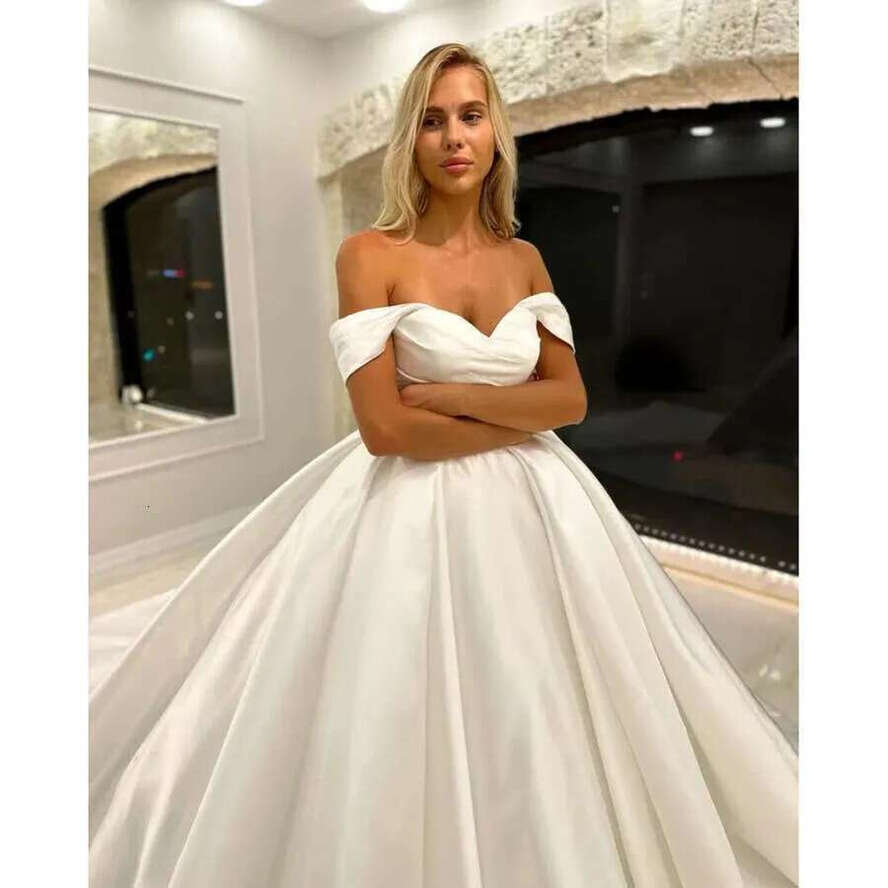 Elegant Modern Plus Size A E Wedding Dresses For Bride Off Shoulder Satin Pleats Draped Backless Court Train Bridal Gowns Custom 0616 0906