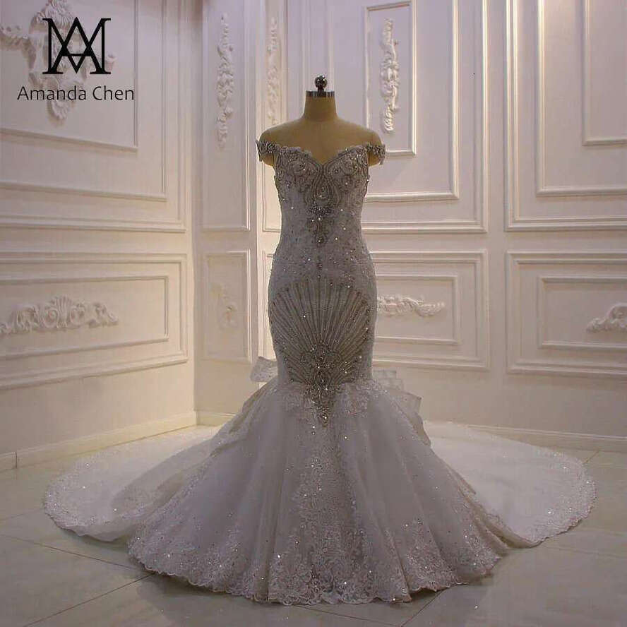 Robe De Mariage Off Shoulder Lace Appliqued Crystal Mermaid Detachable Train Wedding Dress