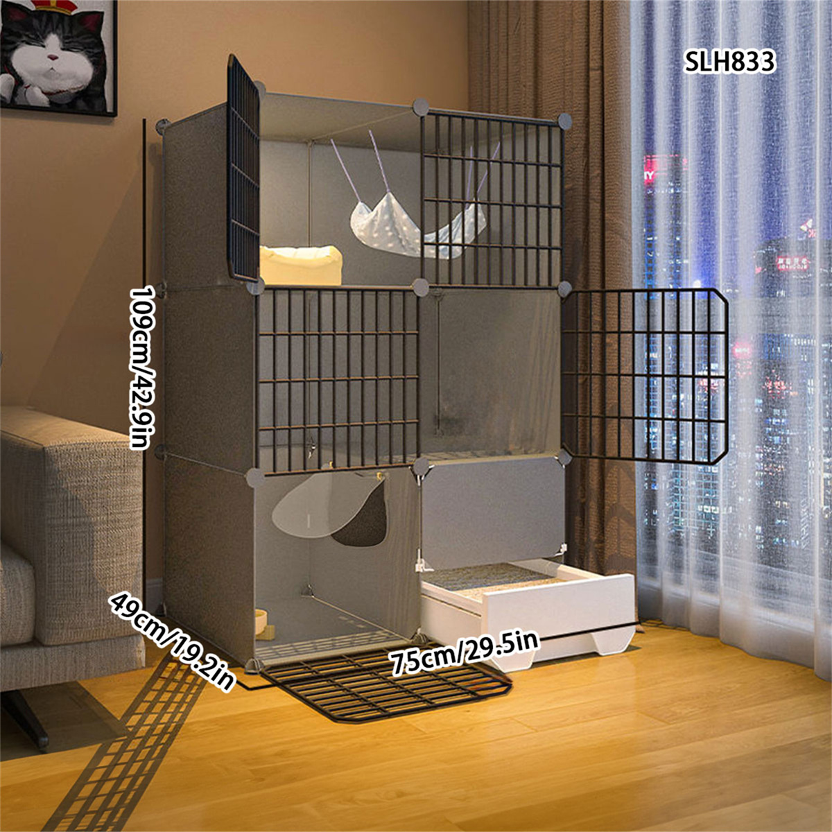 Indoor Multi-Level Cat Enclosure with Built-In Litter Pan - Large Size
