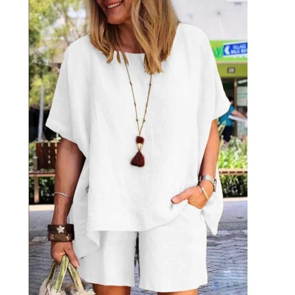 Womens Casual Short Sved Top+wide Leg Shorts 2-piece Set 2024 Summer Set Cotton Linen Shirt Shorts Pants Sets CombinaisonsXJ250106