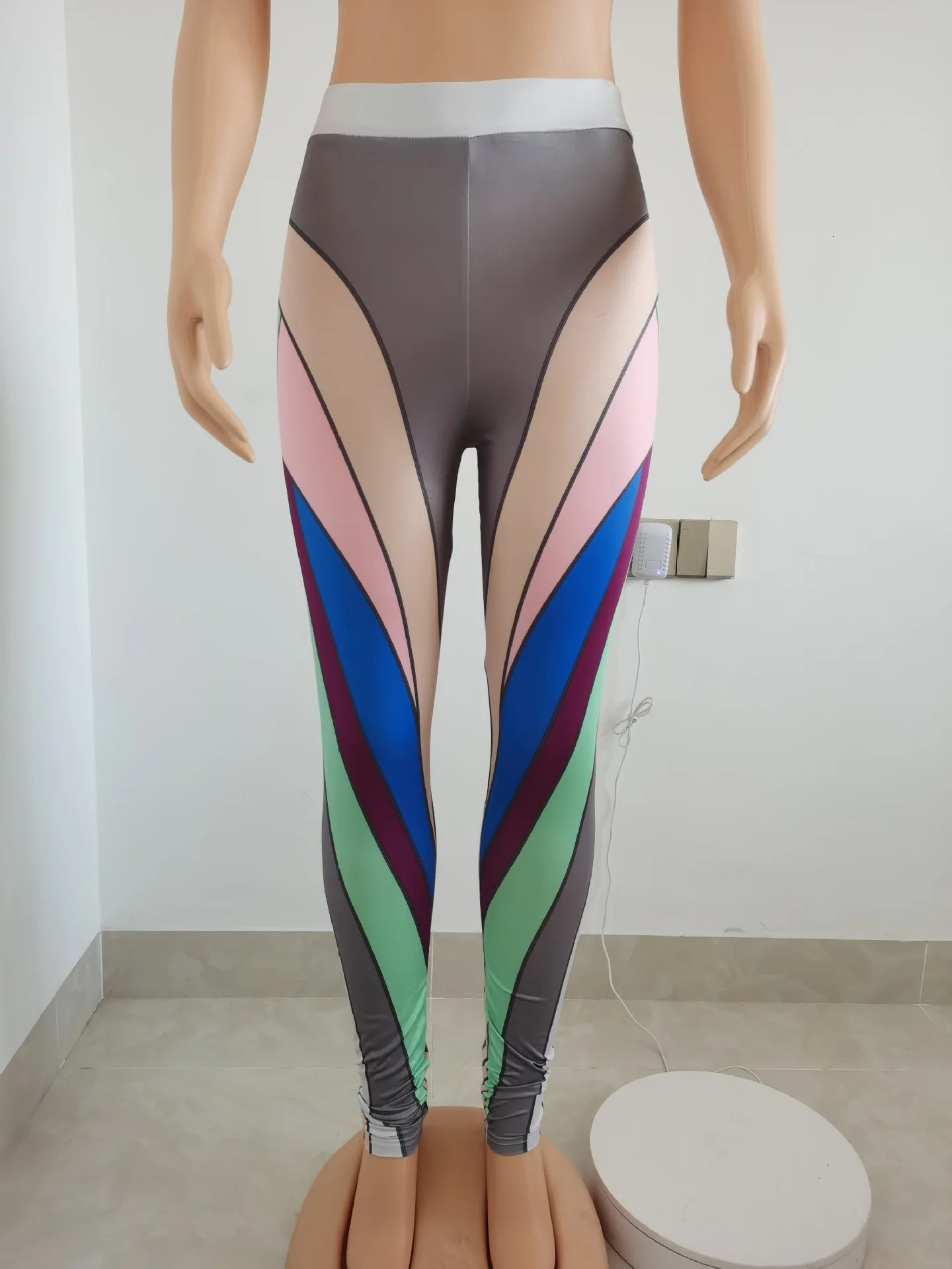 Sexy Colorful Striped Stretch Leggings Summer Fash High Waist Body-Shaping Tracksuit Skinny Pants Trousers 250106