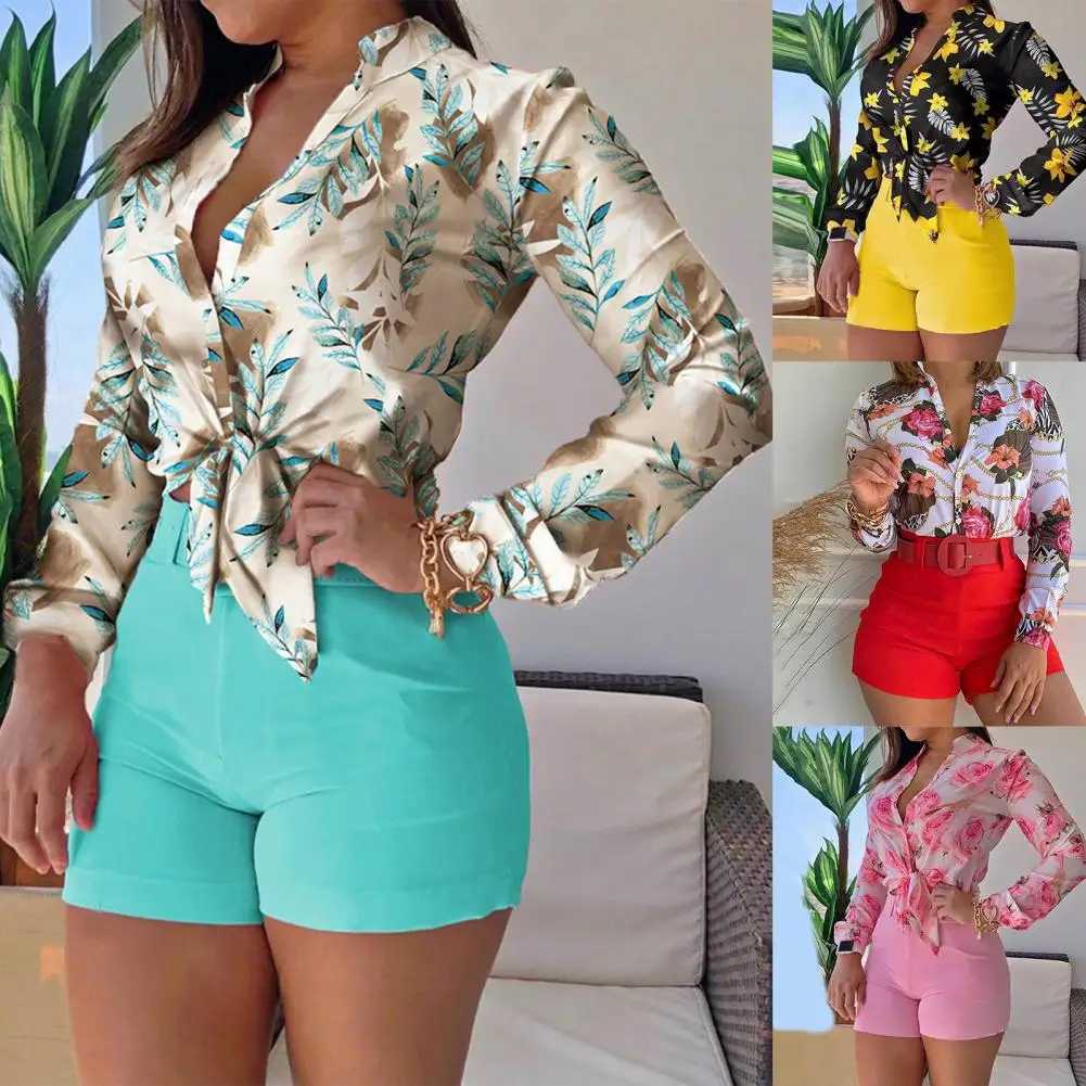 1 Set Women Blouse Shorts Suit Floral Spring Summer Printed Blouse Pure Color Shorts Office Ladies Shirt ShortsXJ250106