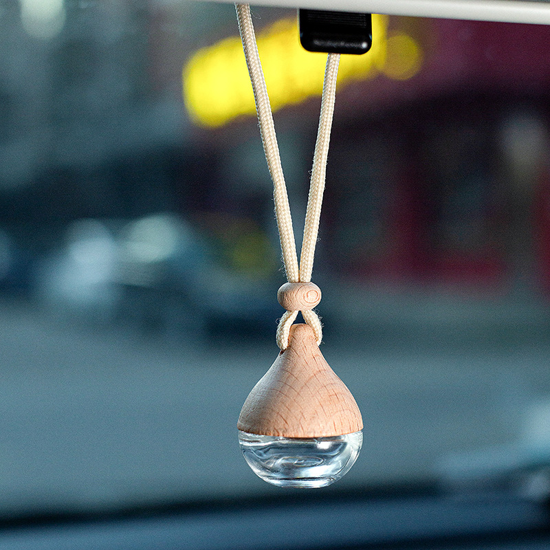 Water Droplet Shaped Essential Oils Diffusers Car Pendant Perfume Bottle Glass Ornaments Empty Bottles Wooden Lid Air Freshener Clear Frosted HW0401