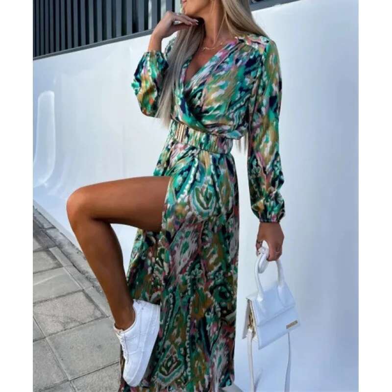 Autumn Women Ral Print Elegant Sexy Deep V-Neck High Split Belted Dress Female Vintage Boho Long Sleeve Party Robe
