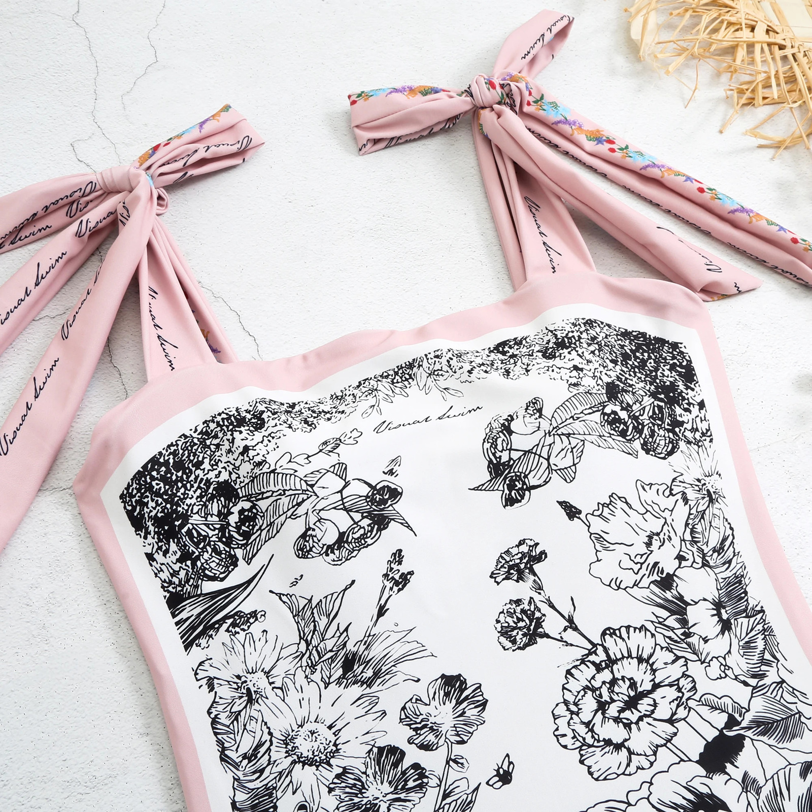 Double sided strap swimsuit with fixed print one-piece vintage swimsuit 250106