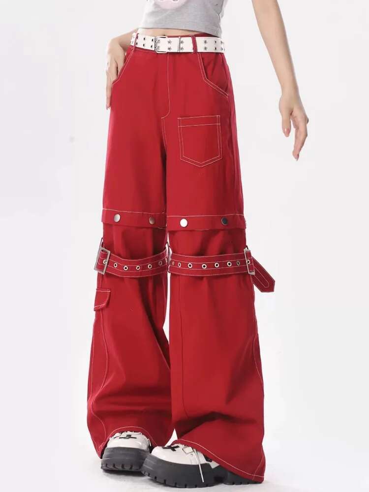 2025 Adagirl Red Baggy Cargo For Women Y2k Hip Hop Vintage Goth Hippie Removable Wide Leg Denim Pants Streetwear Casual Bottoms