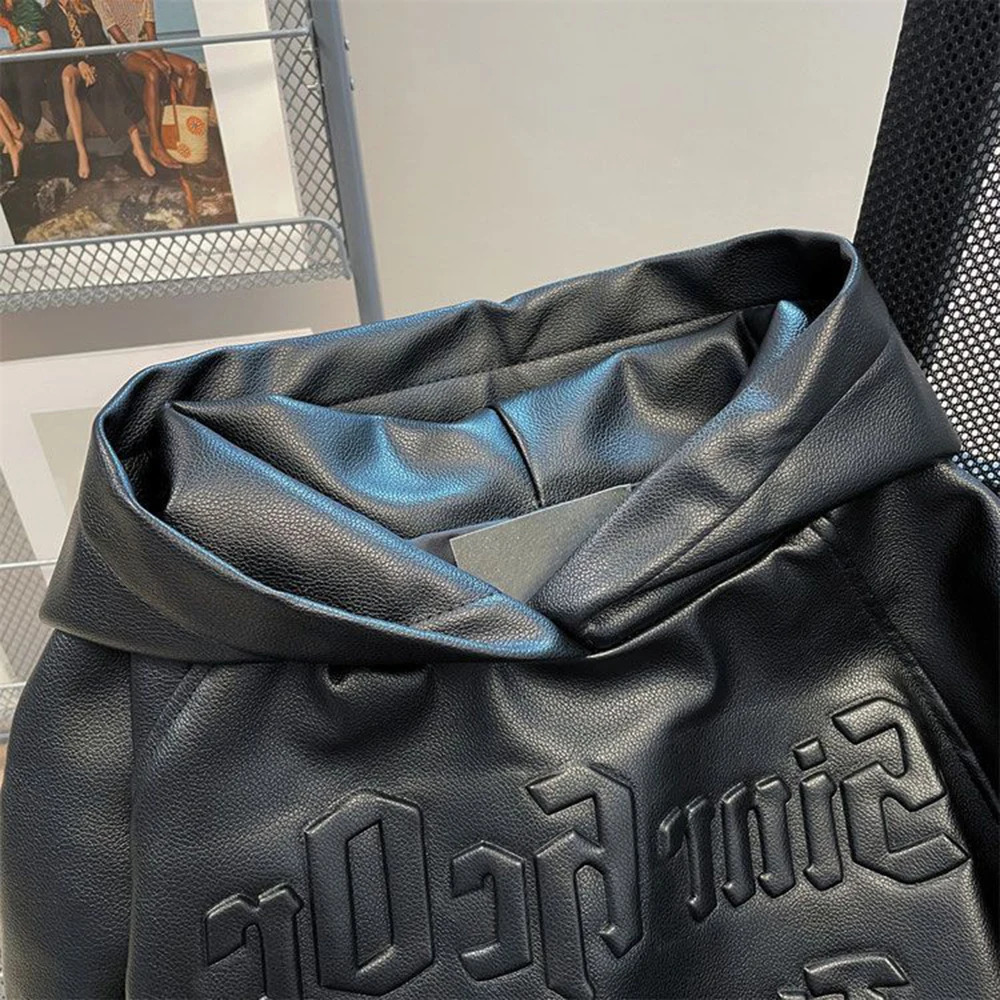American High Street Pu Leather Motorcycle Clothing Sweatshirt MenS Fashion Trend Heavy Hiphop Hooded Jacket Unisex 250107