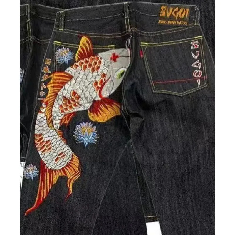 Japanese hip-hop Brocade cargo printed jeans for one couple washed high waisted retro casual loose straight wide leg pants 250106CJ