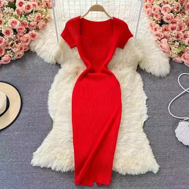 D4125 slim square collar knitted dress short sleeves 2025 summer new temperament sexy hot girl hip long skirt