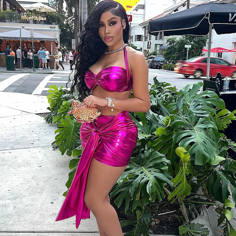 BKLD Women Fashion Metallic Color Skirt Sets Summer Outfit Halter Backless Crop Top And Lace-up Bodycon Mini Skirt Two Piece Set 250106