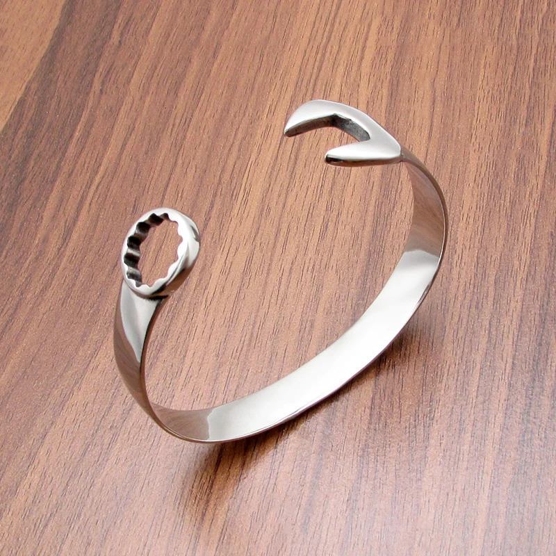 Punk Silver Color Stainless Steel Mechanical Intaglio Single Head Wrench Bangle Wristband For Mens Gift 250107