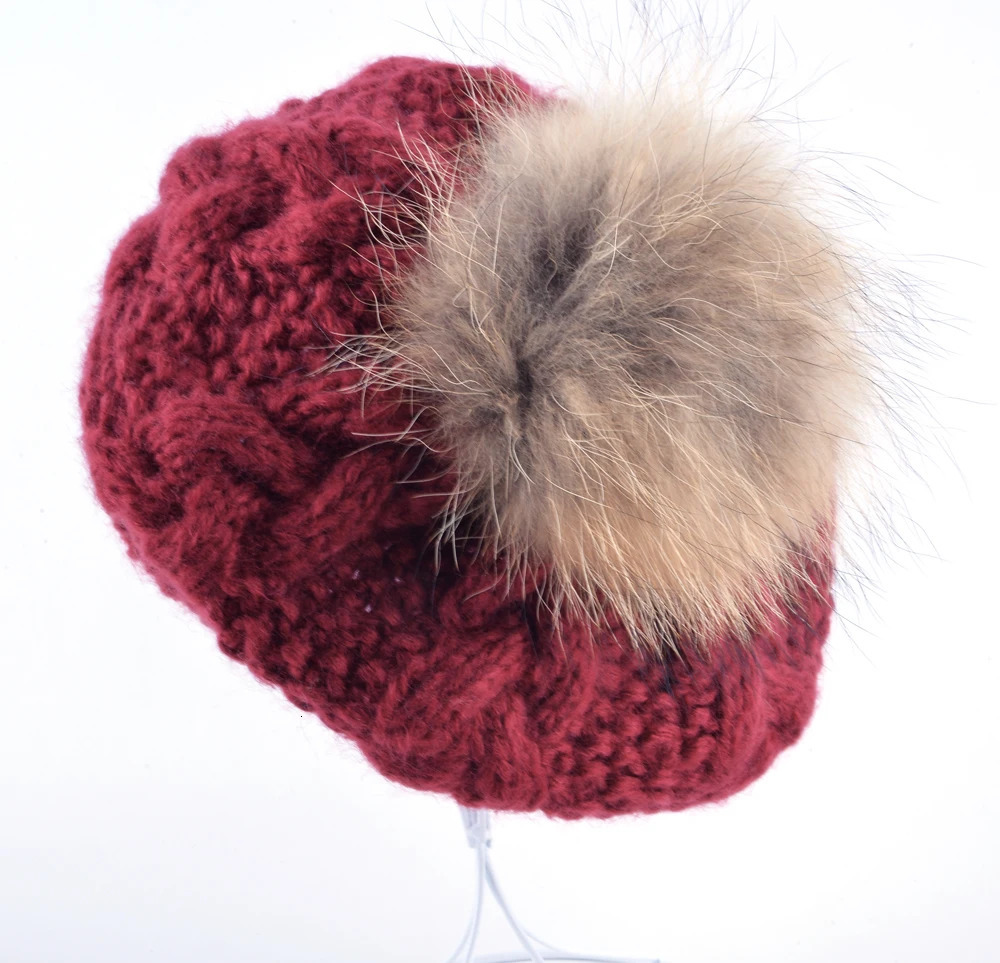 Winter Raccoon fur pompom beret ladies knit wool hat hand-knitted cap female berets hats for women boina feminina Gorras 250106