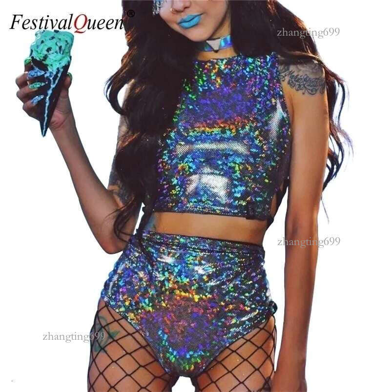 Festival Queen Holographic Crop Top and Hot Shorts Women 2 Piece Sets Sexy Lace Up Festival Party Rave Clothing Two Piece Set LJ201120